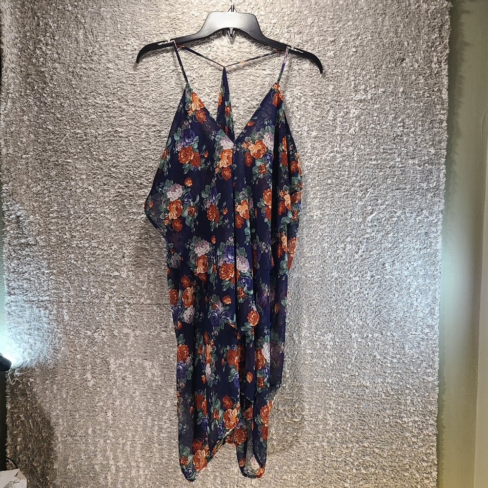 Poetry Sheer Strappy Asymmetrical Floral Cover Up Summer Dress Polyester Large